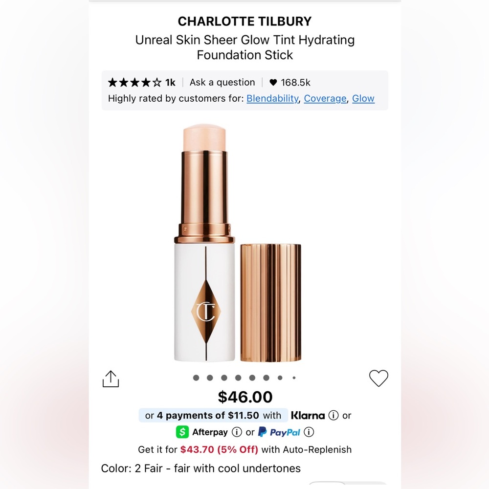 CHARLOTTE TILBURY Unreal Skin Sheer Glow Tint Hydrating Foundation Stick 2 fair